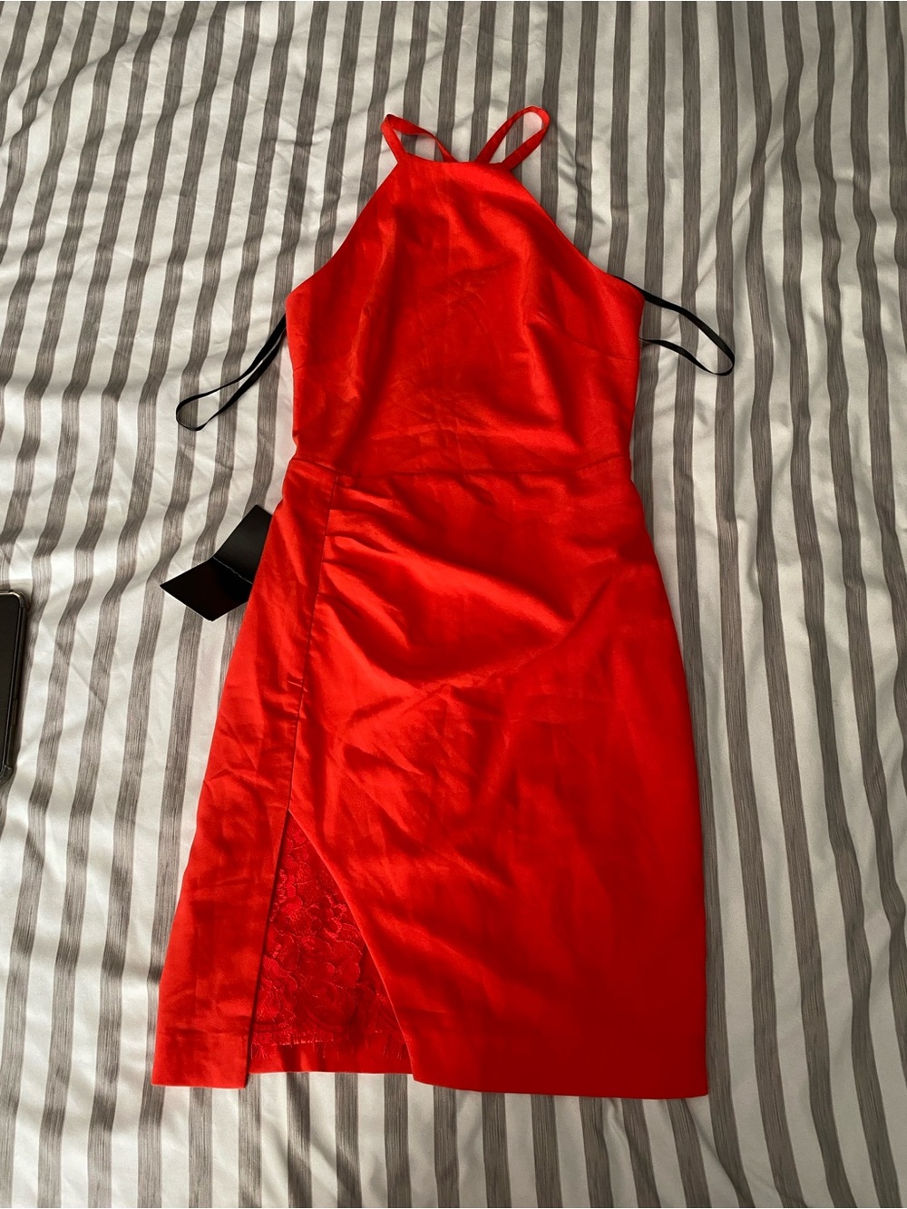 bebe NWT Red Halter Midi Dress with Lace Side Panel